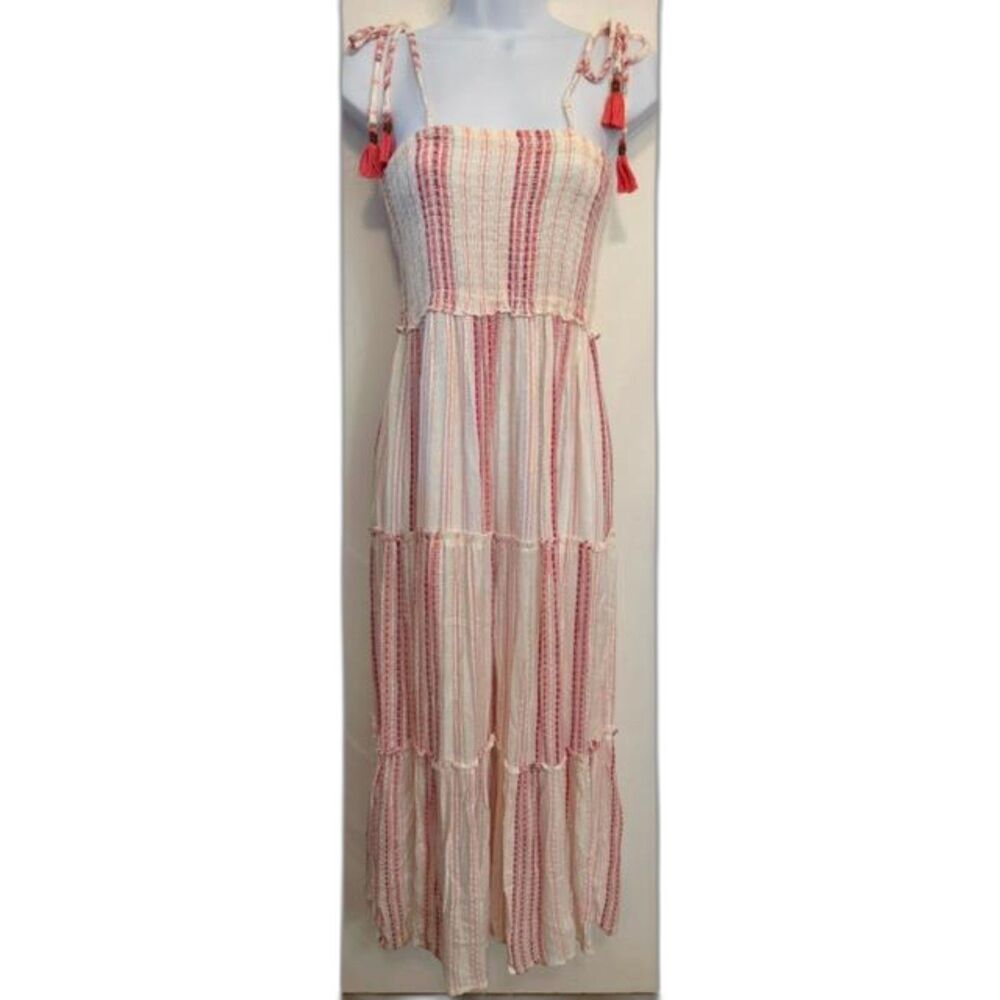 Blue Island Womens S Pink Stripe Smocked Tiered Maxi Dress Tassel Strap